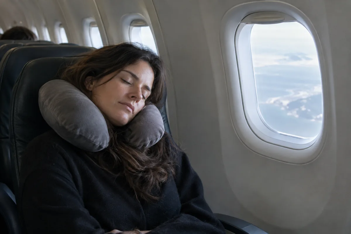 Passenger sleeping in an aircraft seat beside the window